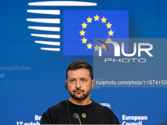 Ukraine's president Volodymyr Zelensky gives a press conference on the sidelines of the European Council Summit in Brussels, Belgium, on Oct...