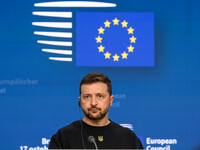 Ukraine's president Volodymyr Zelensky gives a press conference on the sidelines of the European Council Summit in Brussels, Belgium, on Oct...