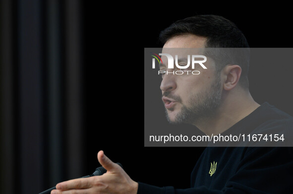 Ukraine's president Volodymyr Zelensky gives a press conference on the sidelines of the European Council Summit in Brussels, Belgium, on Oct...