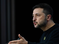 Ukraine's president Volodymyr Zelensky gives a press conference on the sidelines of the European Council Summit in Brussels, Belgium, on Oct...