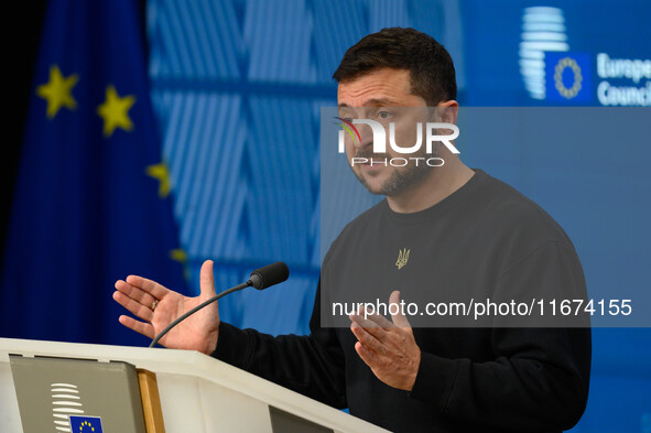 Ukraine's president Volodymyr Zelensky gives a press conference on the sidelines of the European Council Summit in Brussels, Belgium, on Oct...