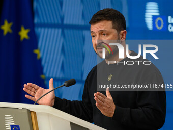 Ukraine's president Volodymyr Zelensky gives a press conference on the sidelines of the European Council Summit in Brussels, Belgium, on Oct...