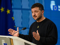 Ukraine's president Volodymyr Zelensky gives a press conference on the sidelines of the European Council Summit in Brussels, Belgium, on Oct...