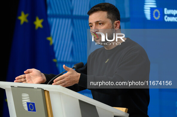 Ukraine's president Volodymyr Zelensky gives a press conference on the sidelines of the European Council Summit in Brussels, Belgium, on Oct...