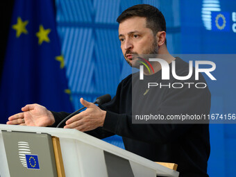 Ukraine's president Volodymyr Zelensky gives a press conference on the sidelines of the European Council Summit in Brussels, Belgium, on Oct...