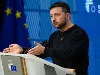 Ukraine's president Volodymyr Zelensky gives a press conference on the sidelines of the European Council Summit in Brussels, Belgium, on Oct...