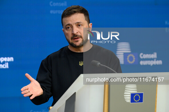 Ukraine's president Volodymyr Zelensky gives a press conference on the sidelines of the European Council Summit in Brussels, Belgium, on Oct...