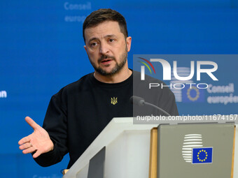 Ukraine's president Volodymyr Zelensky gives a press conference on the sidelines of the European Council Summit in Brussels, Belgium, on Oct...