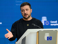 Ukraine's president Volodymyr Zelensky gives a press conference on the sidelines of the European Council Summit in Brussels, Belgium, on Oct...