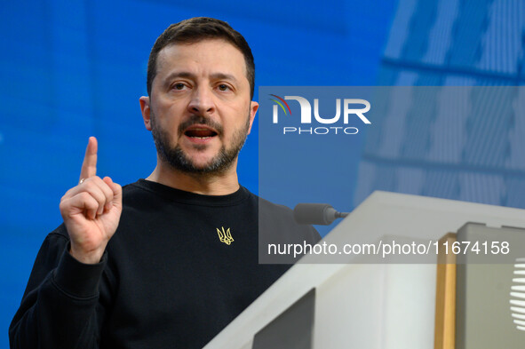 Ukraine's president Volodymyr Zelensky gives a press conference on the sidelines of the European Council Summit in Brussels, Belgium, on Oct...