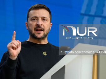 Ukraine's president Volodymyr Zelensky gives a press conference on the sidelines of the European Council Summit in Brussels, Belgium, on Oct...