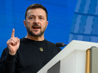 Ukraine's president Volodymyr Zelensky gives a press conference on the sidelines of the European Council Summit in Brussels, Belgium, on Oct...