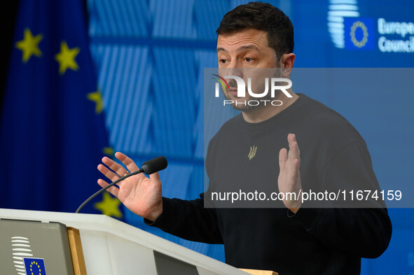 Ukraine's president Volodymyr Zelensky gives a press conference on the sidelines of the European Council Summit in Brussels, Belgium, on Oct...