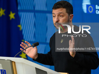 Ukraine's president Volodymyr Zelensky gives a press conference on the sidelines of the European Council Summit in Brussels, Belgium, on Oct...