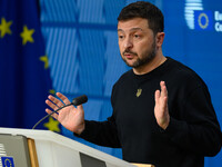 Ukraine's president Volodymyr Zelensky gives a press conference on the sidelines of the European Council Summit in Brussels, Belgium, on Oct...