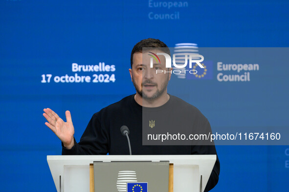 Ukraine's president Volodymyr Zelensky gives a press conference on the sidelines of the European Council Summit in Brussels, Belgium, on Oct...