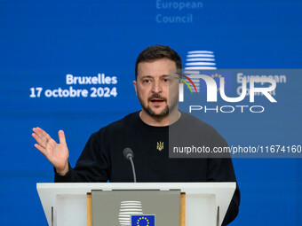 Ukraine's president Volodymyr Zelensky gives a press conference on the sidelines of the European Council Summit in Brussels, Belgium, on Oct...