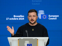 Ukraine's president Volodymyr Zelensky gives a press conference on the sidelines of the European Council Summit in Brussels, Belgium, on Oct...