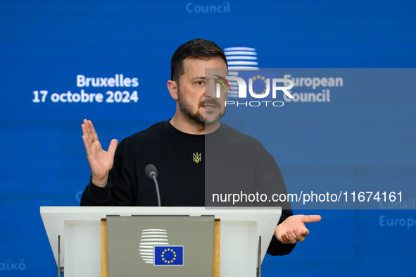 Ukraine's president Volodymyr Zelensky gives a press conference on the sidelines of the European Council Summit in Brussels, Belgium, on Oct...