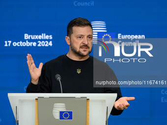 Ukraine's president Volodymyr Zelensky gives a press conference on the sidelines of the European Council Summit in Brussels, Belgium, on Oct...