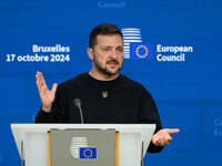 Ukraine's president Volodymyr Zelensky gives a press conference on the sidelines of the European Council Summit in Brussels, Belgium, on Oct...