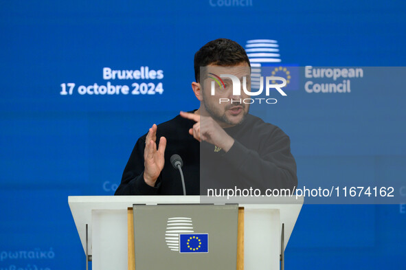 Ukraine's president Volodymyr Zelensky gives a press conference on the sidelines of the European Council Summit in Brussels, Belgium, on Oct...