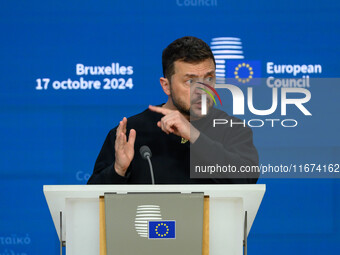 Ukraine's president Volodymyr Zelensky gives a press conference on the sidelines of the European Council Summit in Brussels, Belgium, on Oct...