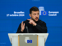 Ukraine's president Volodymyr Zelensky gives a press conference on the sidelines of the European Council Summit in Brussels, Belgium, on Oct...