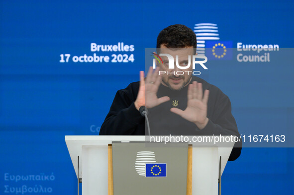 Ukraine's president Volodymyr Zelensky gives a press conference on the sidelines of the European Council Summit in Brussels, Belgium, on Oct...