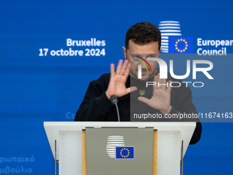 Ukraine's president Volodymyr Zelensky gives a press conference on the sidelines of the European Council Summit in Brussels, Belgium, on Oct...