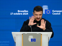 Ukraine's president Volodymyr Zelensky gives a press conference on the sidelines of the European Council Summit in Brussels, Belgium, on Oct...