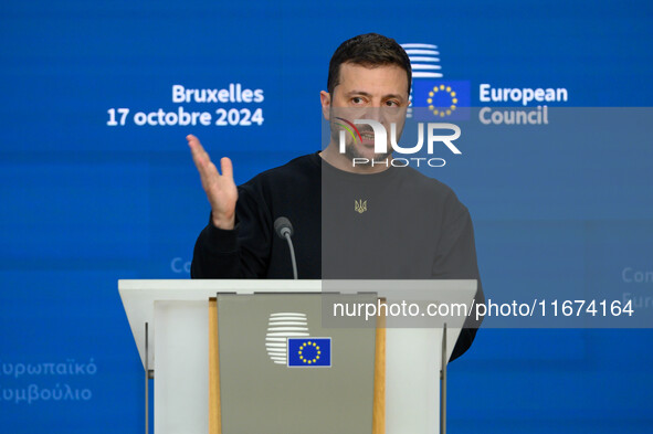 Ukraine's president Volodymyr Zelensky gives a press conference on the sidelines of the European Council Summit in Brussels, Belgium, on Oct...