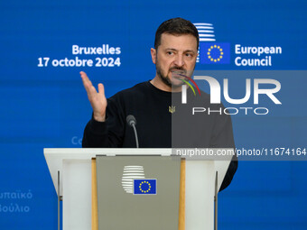 Ukraine's president Volodymyr Zelensky gives a press conference on the sidelines of the European Council Summit in Brussels, Belgium, on Oct...