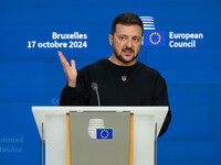 Ukraine's president Volodymyr Zelensky gives a press conference on the sidelines of the European Council Summit in Brussels, Belgium, on Oct...