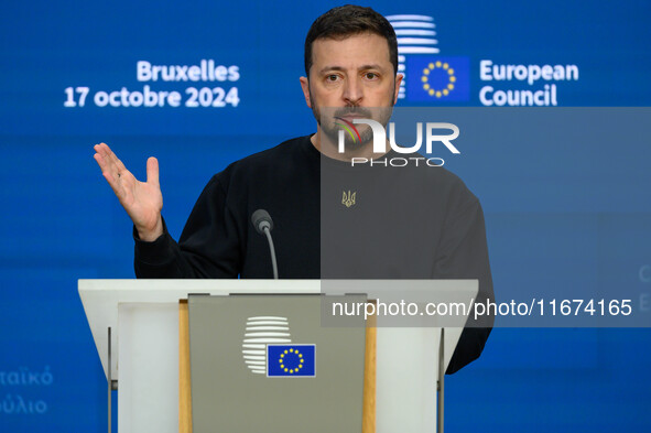 Ukraine's president Volodymyr Zelensky gives a press conference on the sidelines of the European Council Summit in Brussels, Belgium, on Oct...