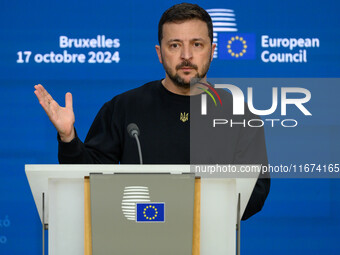 Ukraine's president Volodymyr Zelensky gives a press conference on the sidelines of the European Council Summit in Brussels, Belgium, on Oct...