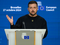 Ukraine's president Volodymyr Zelensky gives a press conference on the sidelines of the European Council Summit in Brussels, Belgium, on Oct...