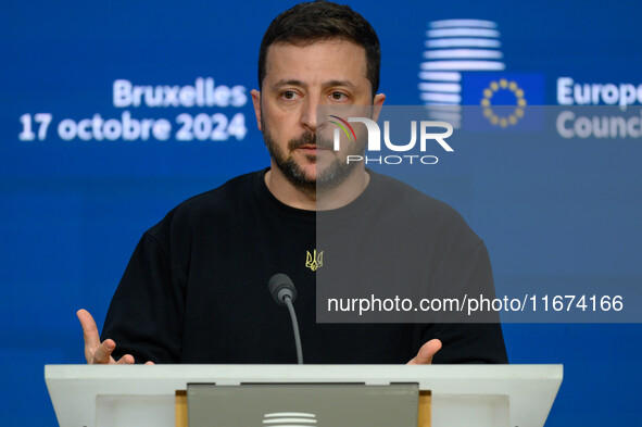 Ukraine's president Volodymyr Zelensky gives a press conference on the sidelines of the European Council Summit in Brussels, Belgium, on Oct...