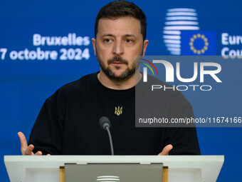 Ukraine's president Volodymyr Zelensky gives a press conference on the sidelines of the European Council Summit in Brussels, Belgium, on Oct...