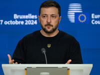 Ukraine's president Volodymyr Zelensky gives a press conference on the sidelines of the European Council Summit in Brussels, Belgium, on Oct...