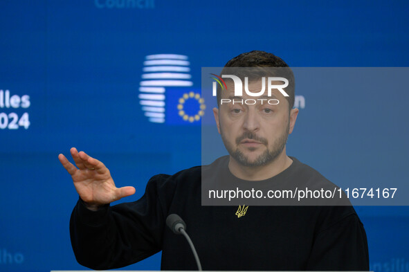 Ukraine's president Volodymyr Zelensky gives a press conference on the sidelines of the European Council Summit in Brussels, Belgium, on Oct...