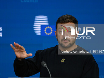 Ukraine's president Volodymyr Zelensky gives a press conference on the sidelines of the European Council Summit in Brussels, Belgium, on Oct...