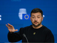 Ukraine's president Volodymyr Zelensky gives a press conference on the sidelines of the European Council Summit in Brussels, Belgium, on Oct...