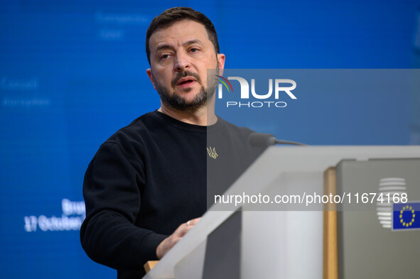 Ukraine's president Volodymyr Zelensky gives a press conference on the sidelines of the European Council Summit in Brussels, Belgium, on Oct...