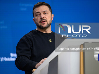 Ukraine's president Volodymyr Zelensky gives a press conference on the sidelines of the European Council Summit in Brussels, Belgium, on Oct...