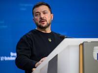 Ukraine's president Volodymyr Zelensky gives a press conference on the sidelines of the European Council Summit in Brussels, Belgium, on Oct...