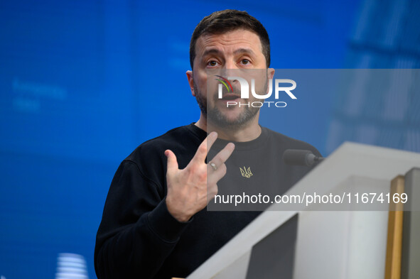 Ukraine's president Volodymyr Zelensky gives a press conference on the sidelines of the European Council Summit in Brussels, Belgium, on Oct...