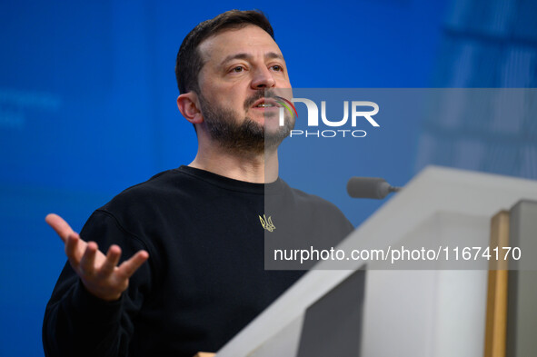 Ukraine's president Volodymyr Zelensky gives a press conference on the sidelines of the European Council Summit in Brussels, Belgium, on Oct...