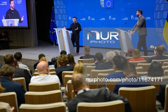 Ukraine's president Volodymyr Zelensky gives a press conference on the sidelines of the European Council Summit in Brussels, Belgium, on Oct...