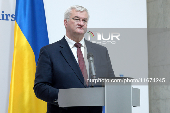 Minister of Foreign Affairs of Ukraine Andrii Sybiha attends a joint news conference with Minister of Foreign Affairs of the Kingdom of Norw...